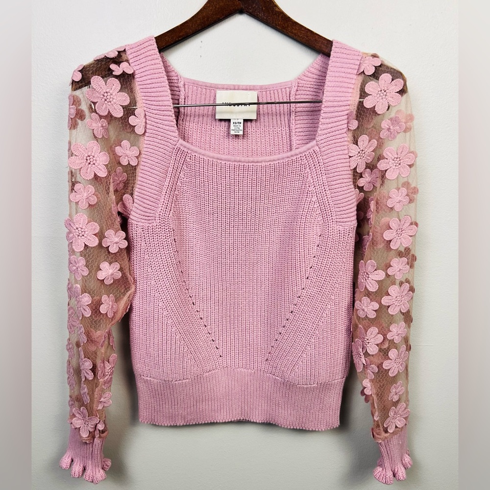 Industry Republic Pink Floral Sweater – Sheer Appliqué Sleeve Romantic Knit – XS